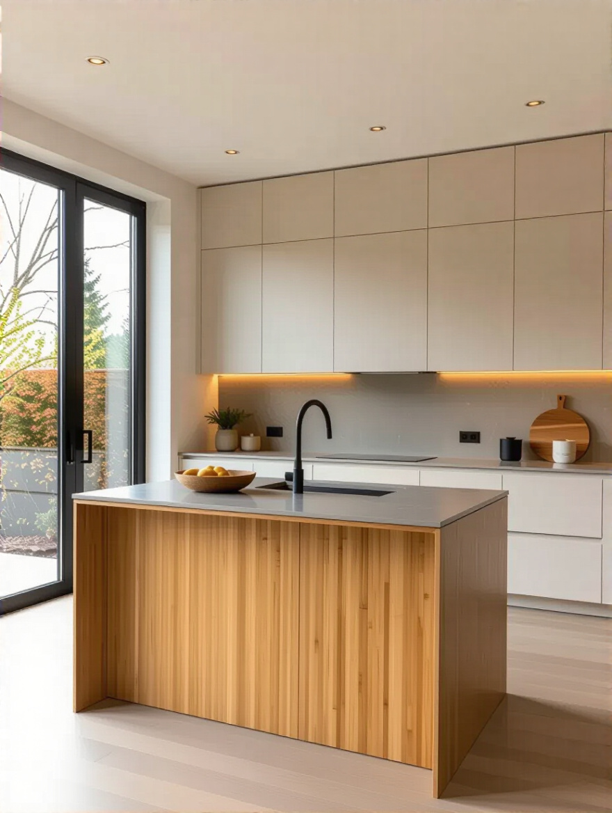 Vertical photo of a modern kitchen highlighting a durable renewable countertop with bamboo edging and recycled glass surface.