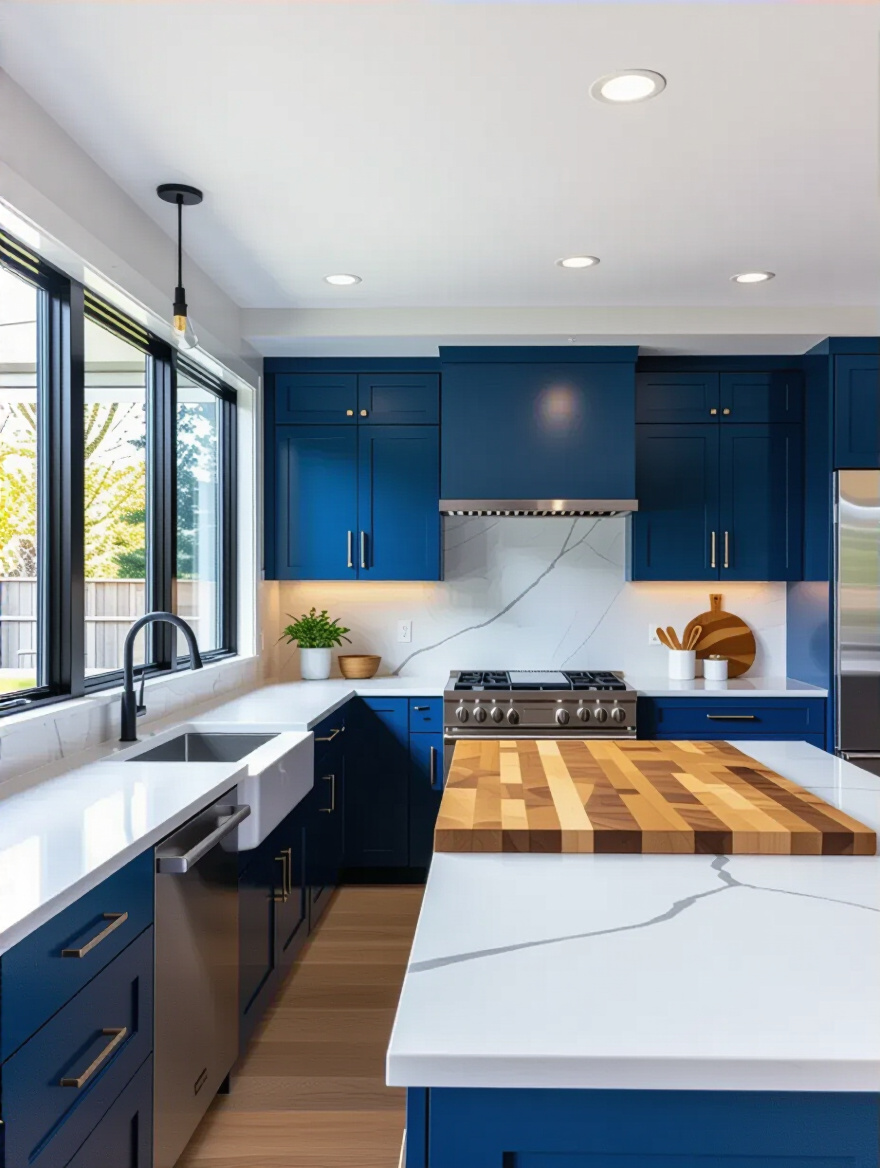 Portrait shot of a modern kitchen showing blue cabinetry with white quartz perimeter countertops and a warm butcher block island.