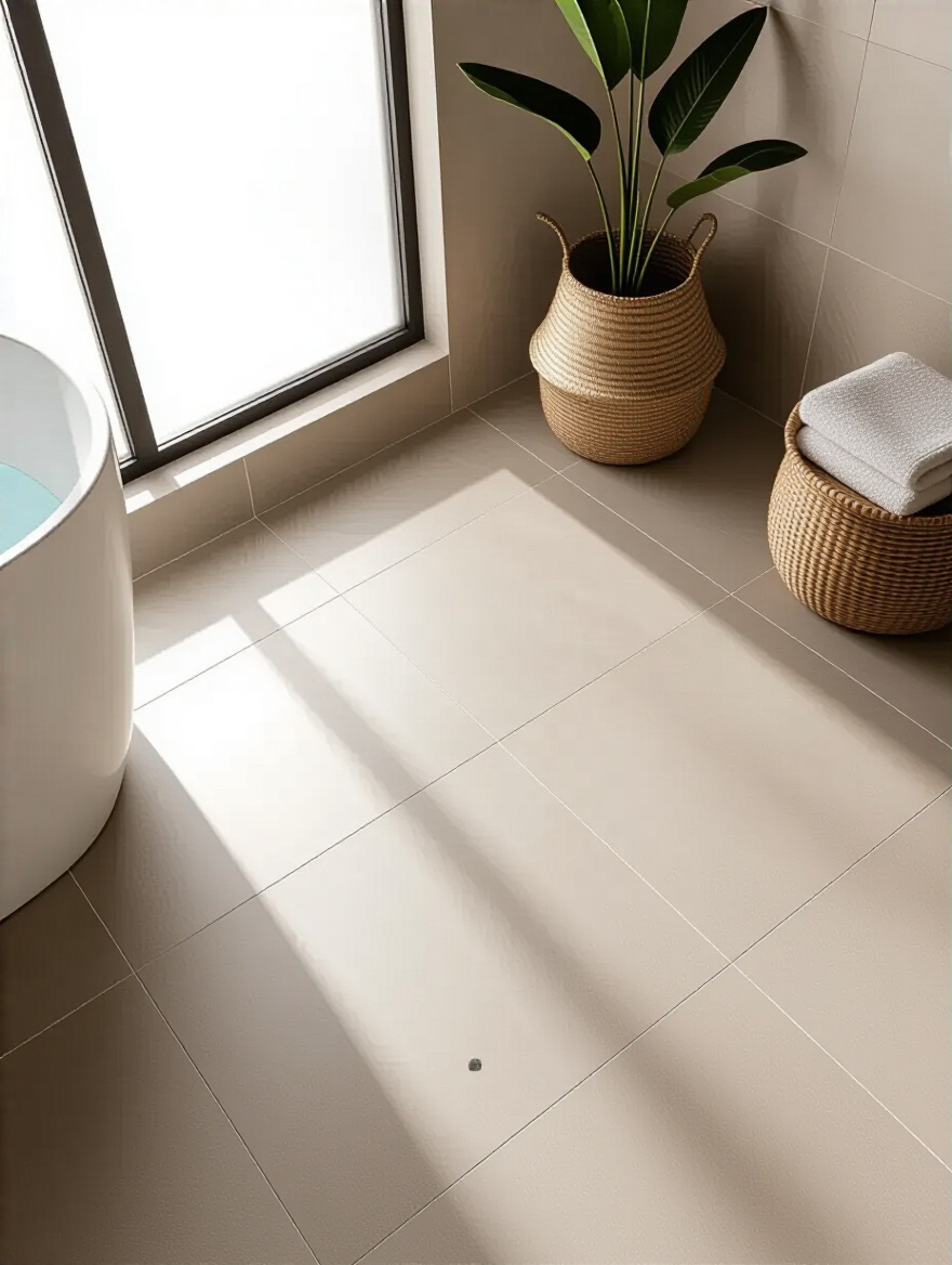 Small modern bathroom floor with large-format 24x48 inch tiles and minimal grout lines creating a seamless look