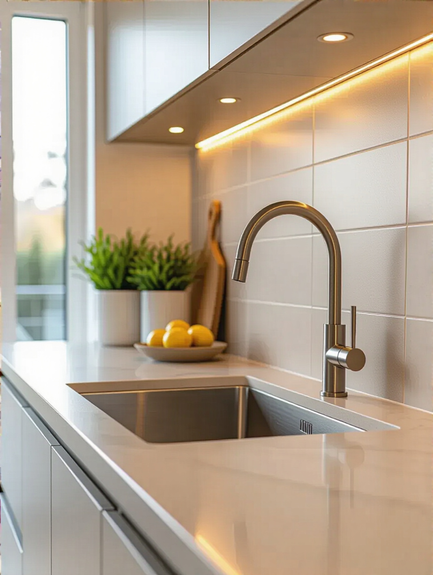 Portrait view of a modern kitchen with a matte backsplash and soft lighting.