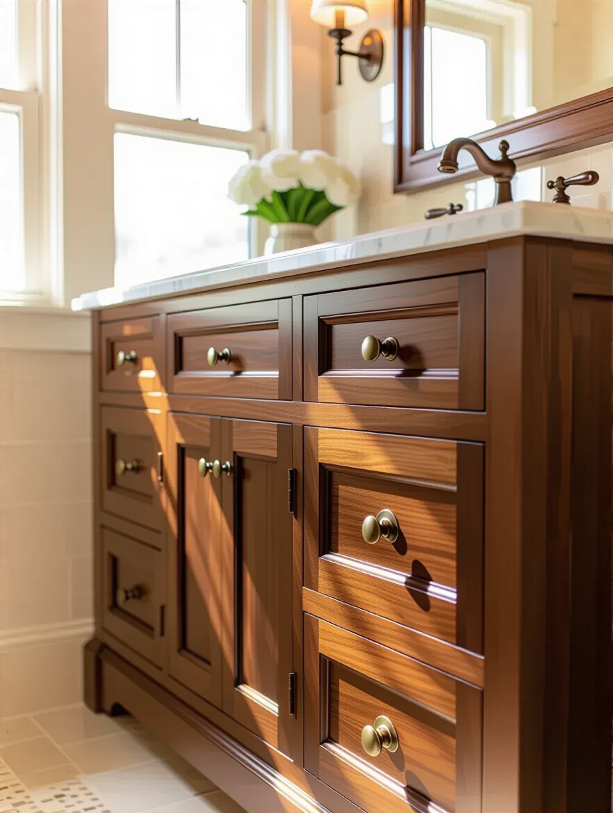 Traditional bathroom with rich walnut wooden vanity furniture featuring antique brass hardware and marble countertop