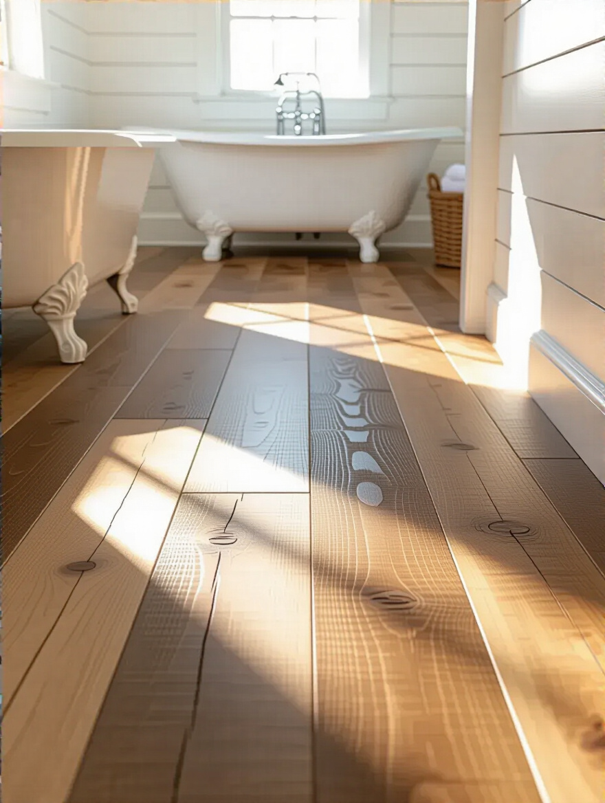 Country bathroom with large wood-look porcelain rustic flooring, clawfoot tub, and shiplap walls