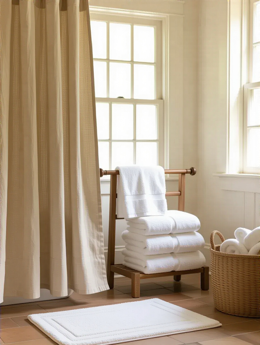 Colonial bathroom scene showcasing simple linen and cotton textiles including towels and shower curtain in natural tones