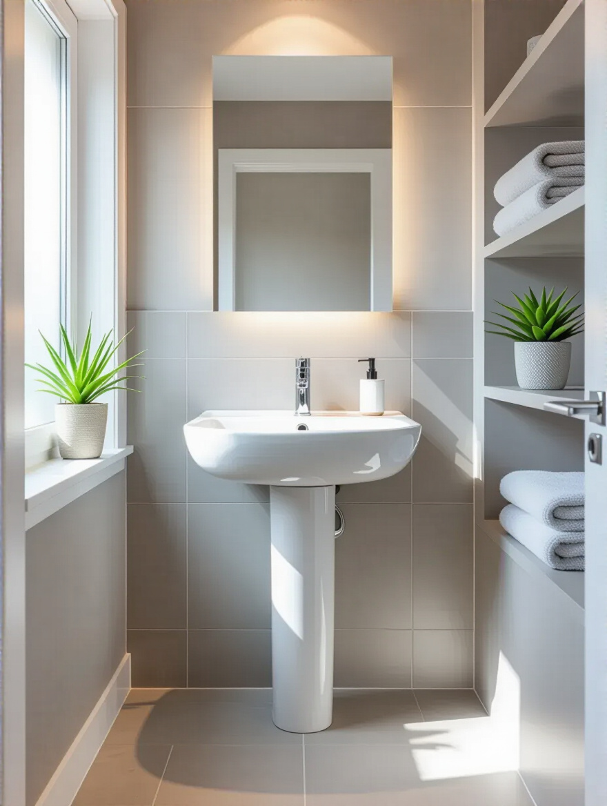 Small bathroom with a slim white pedestal sink preserving floor area and showcasing open layout