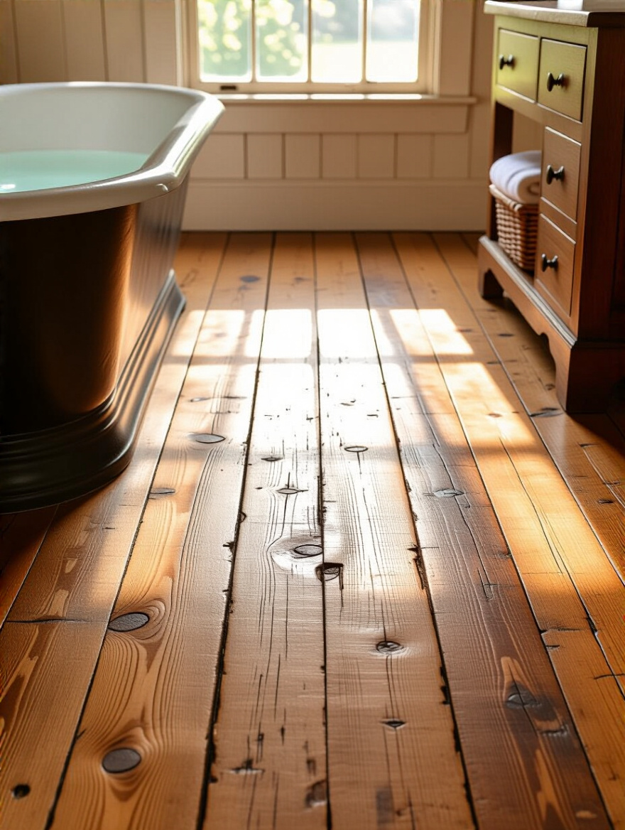 Close-up portrait view of wide-plank wood flooring in an authentic Colonial bathroom with natural lighting emphasizing texture and historical character