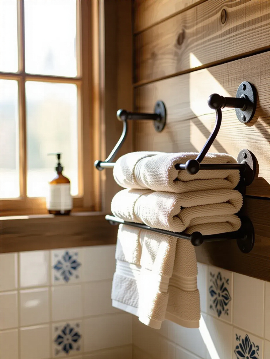 Handcrafted forged iron towel rack mounted on rustic wooden wall in country bathroom