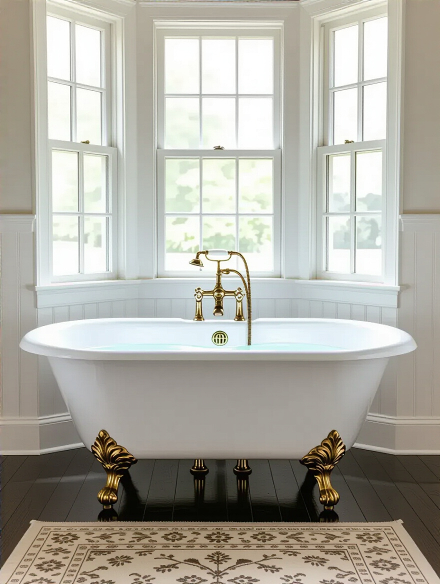Traditional bathroom with luxurious white freestanding clawfoot tub under bay window, natural light highlighting ornate brass claw feet and elegant decor