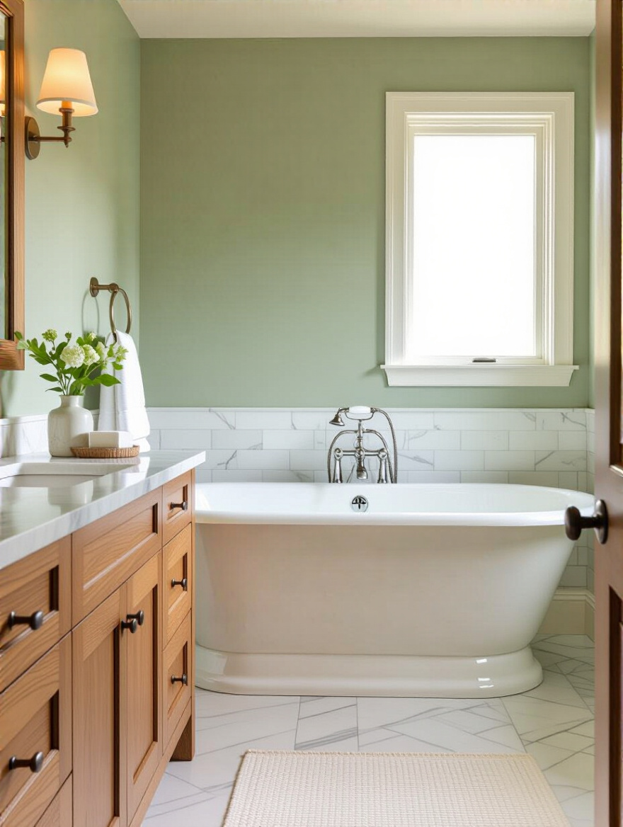Traditional bathroom interior with harmonious soft sage green walls, creamy white clawfoot tub, warm wood vanity, and white marble countertops creating a serene ambiance