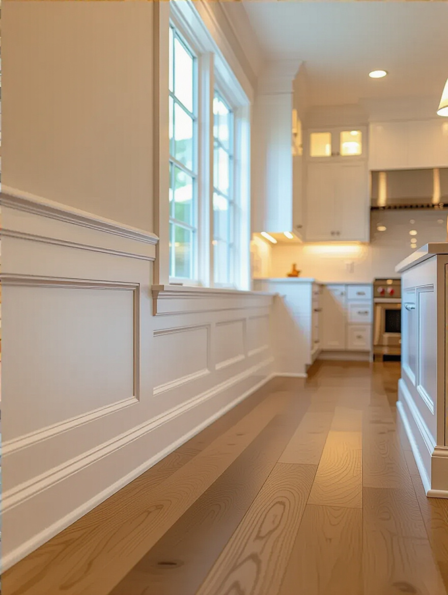 Portrait of a modern kitchen showing baseboards and trim along the walls with new flooring, no people or text.