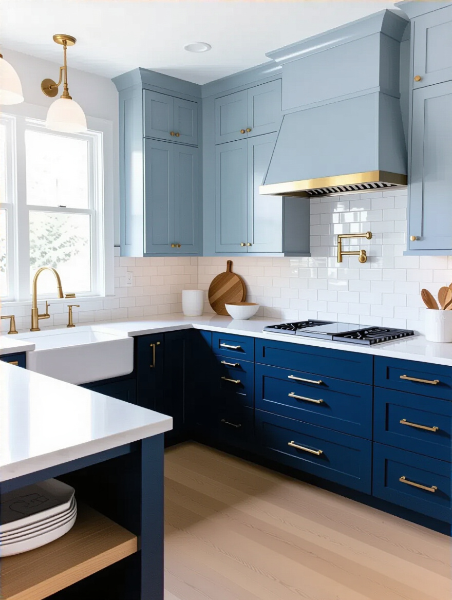 Vertical kitchen portrait showing two-tone blue cabinetry, brass hardware, and warm lighting.
