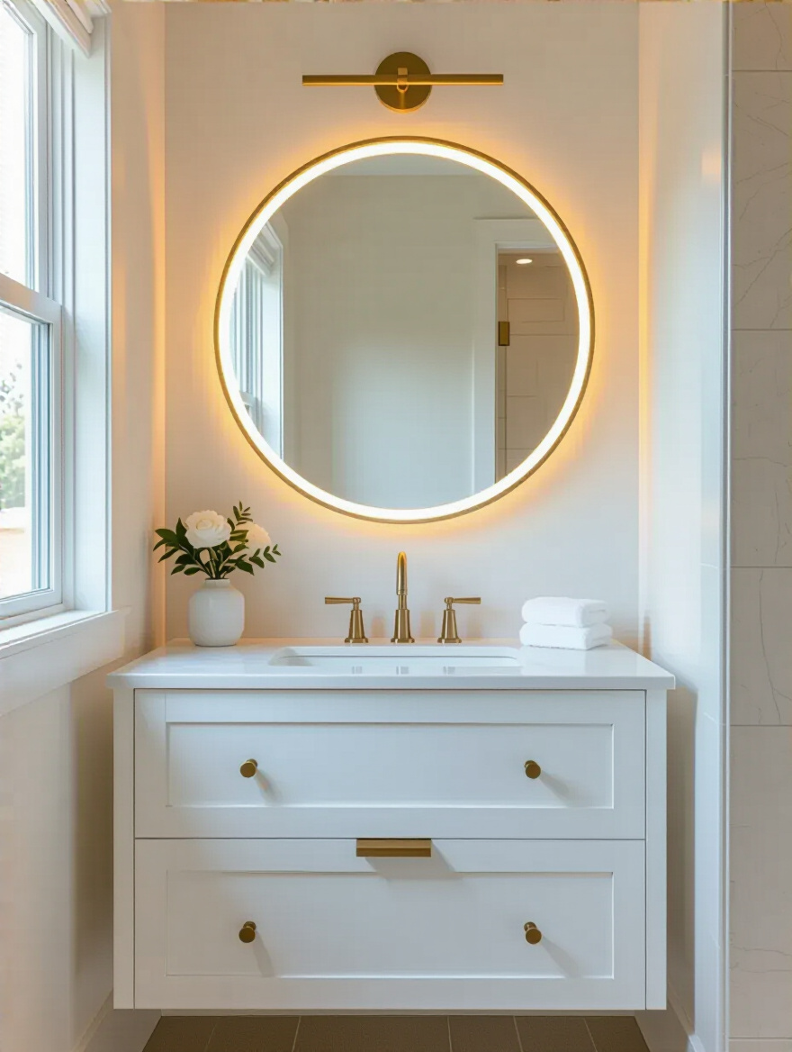 White bathroom vanity with a large round brushed brass framed mirror perfectly complementing vanity aesthetics and scale