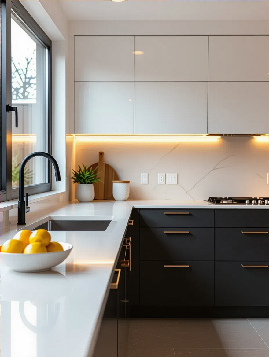 Portrait of a modern kitchen with a stylish backsplash, clean counters, no people.