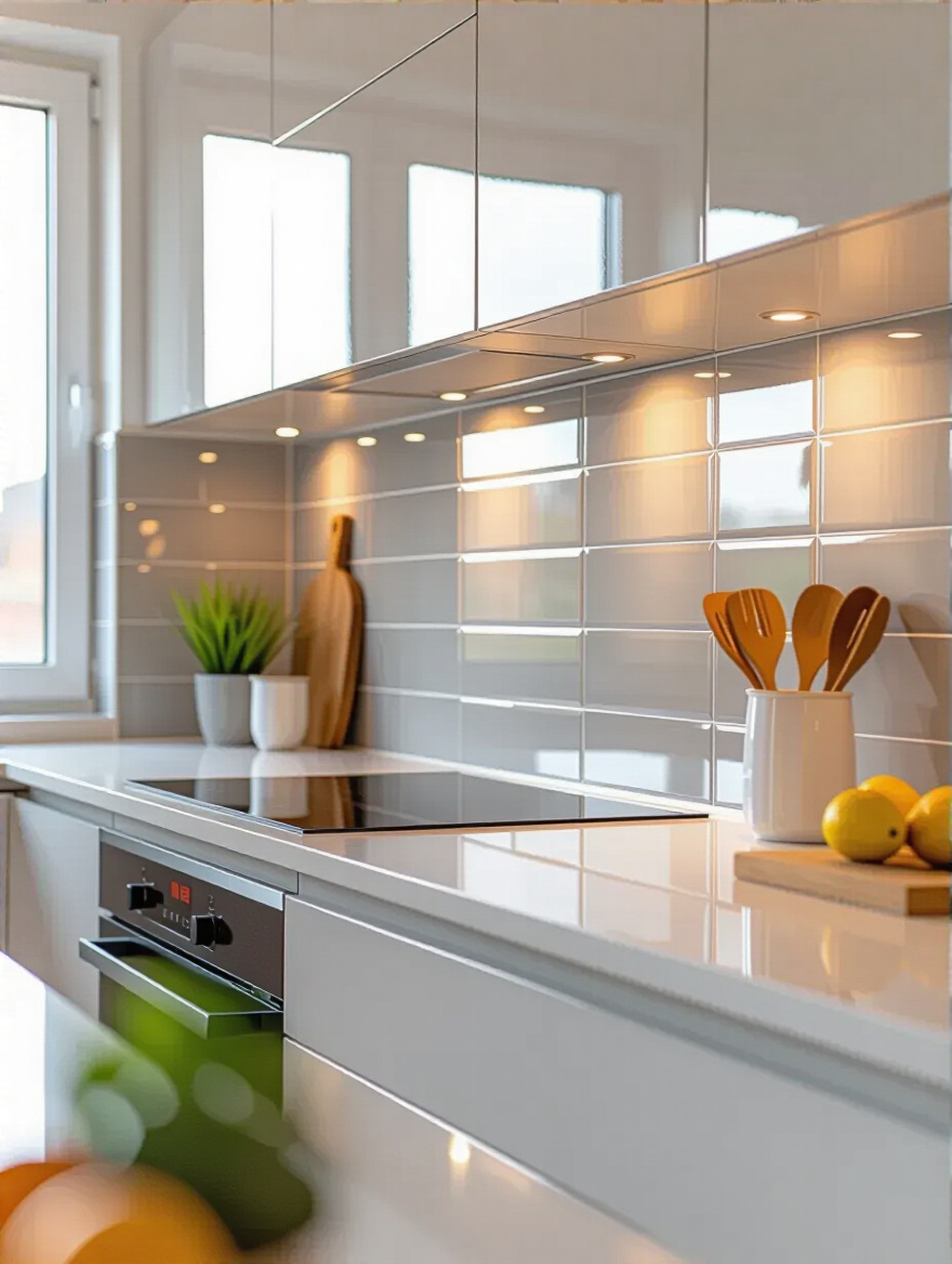 Portrait of a modern kitchen backsplash with glossy tiles and clean joints, showcasing an adhesive bond behind the tiles.