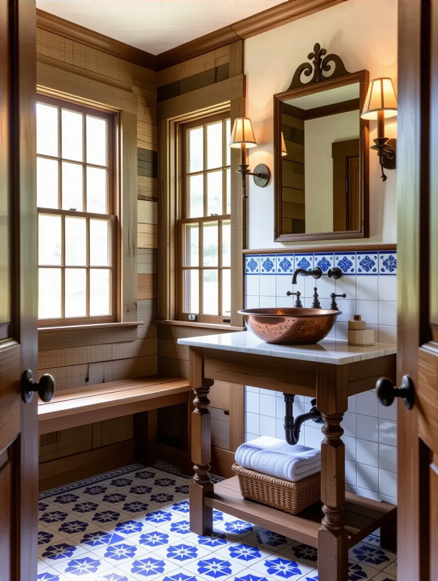 Authentic Colonial Bathroom interior featuring diverse historical regional design elements, reclaimed wood, Delft-style tiles, and copper basin