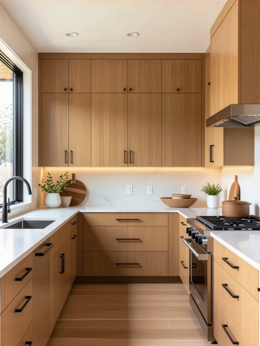 Vertical kitchen scene with warm wooden cabinets and natural daylight, no text or people.