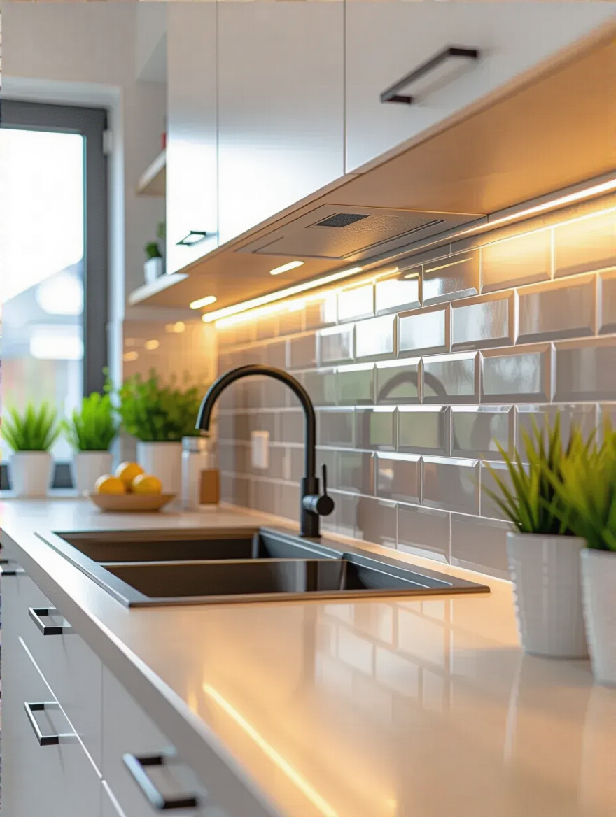 Vertical shot of a modern kitchen backsplash showing grout color options for defining vs blending tiles.