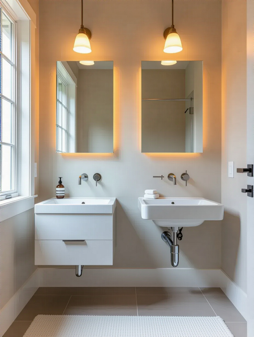 Comparison of wall-mount and floor-mount white bathroom vanities showing plumbing differences in a modern bathroom