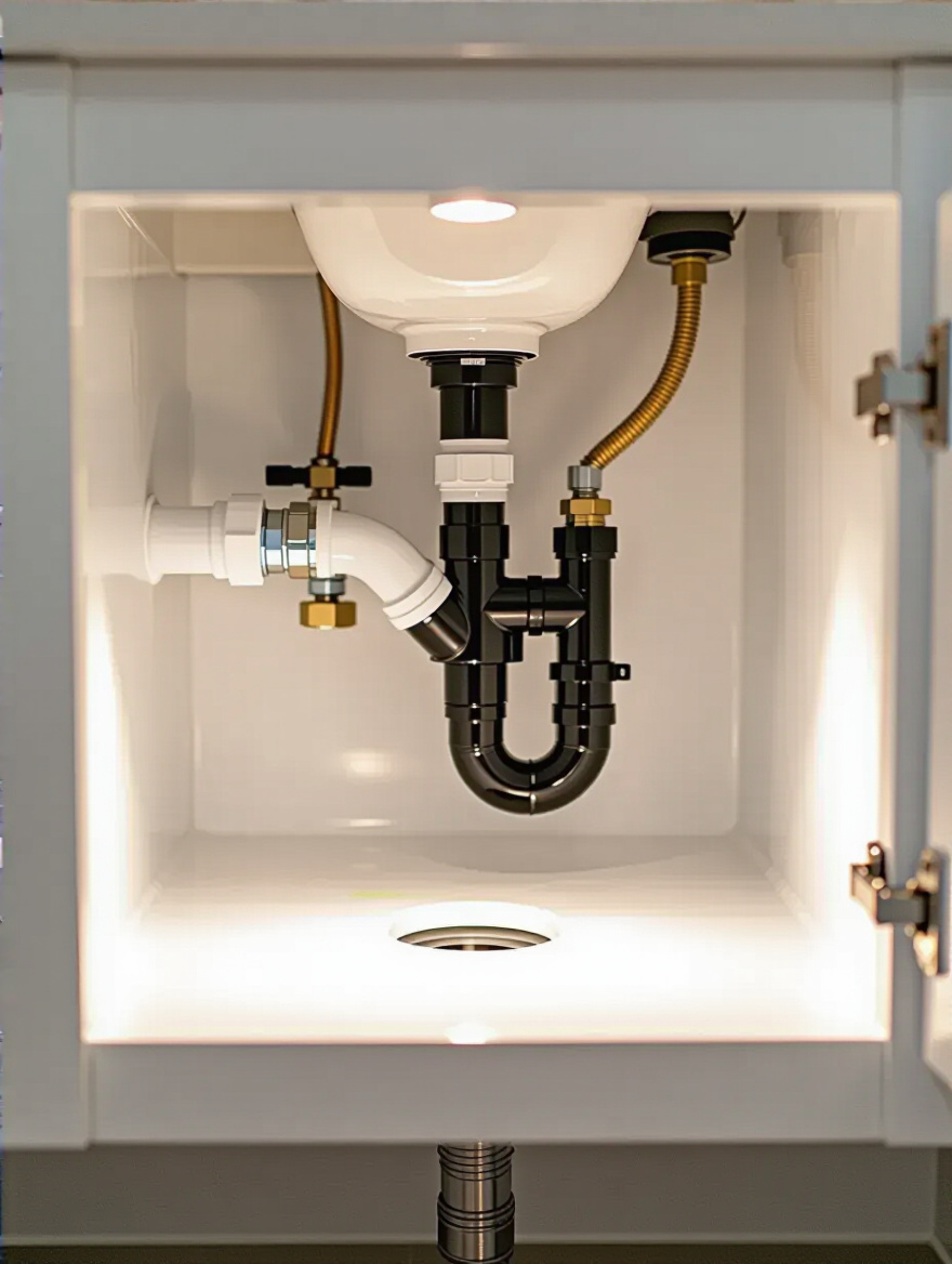 Close-up of white bathroom vanity under-sink plumbing with flashlight highlighting a minor leak, no people