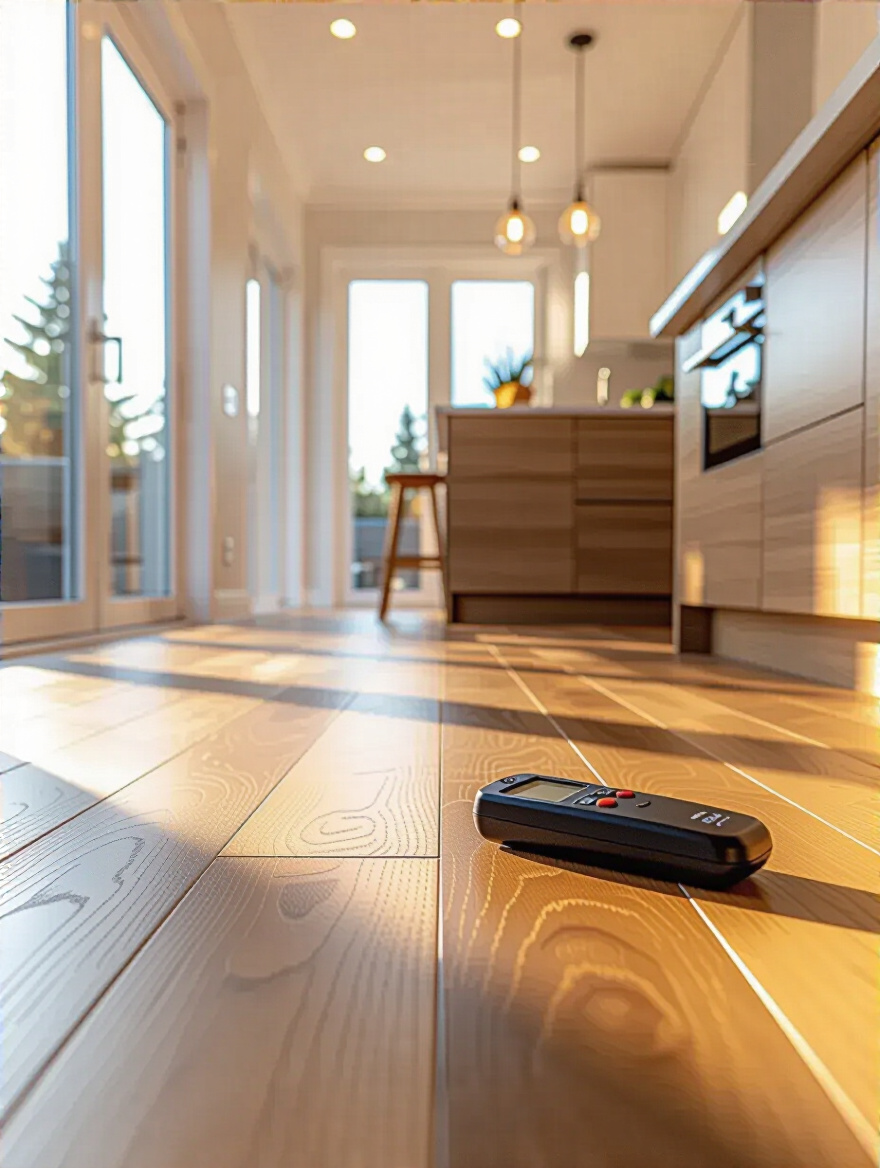Portrait of a modern kitchen floor with a seam gap and a moisture meter, illustrating troubleshooting post-remodel flooring issues