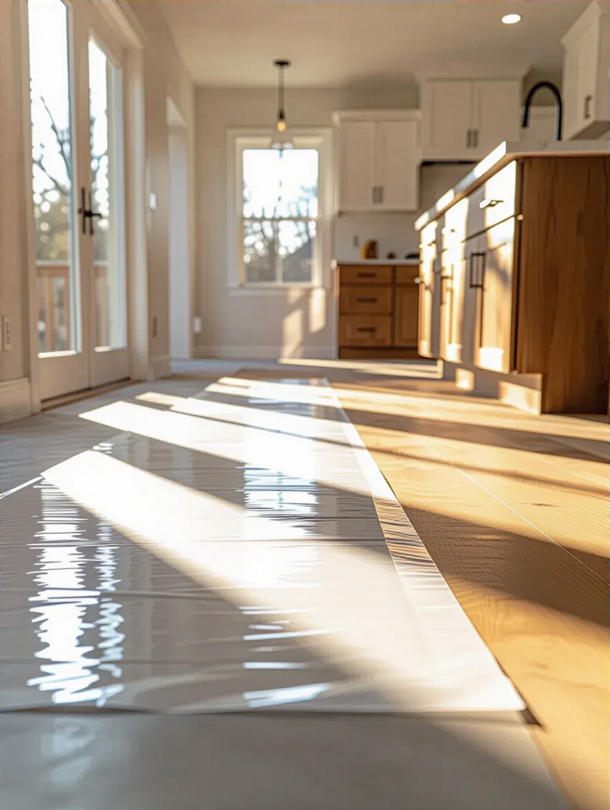 Kitchen remodel scene showing moisture barrier being installed on a subfloor, with cabinetry backdrop, no people.
