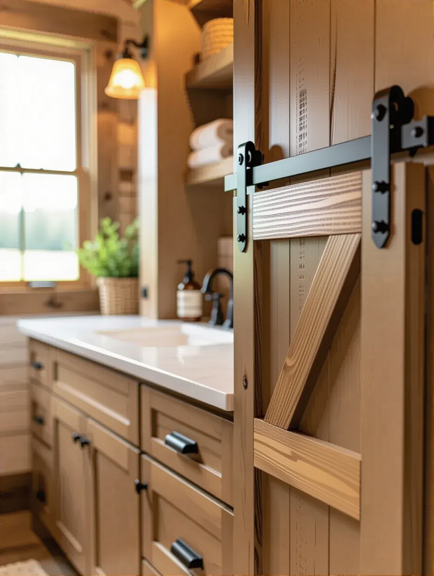 Country bathroom vanity cabinets featuring miniature barn door style hardware with sliding tracks and rustic pulls