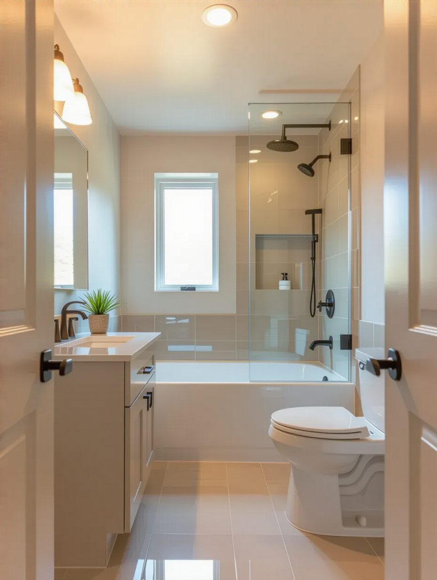 Bright small bathroom with light-colored walls and ceiling reflecting natural and artificial light
