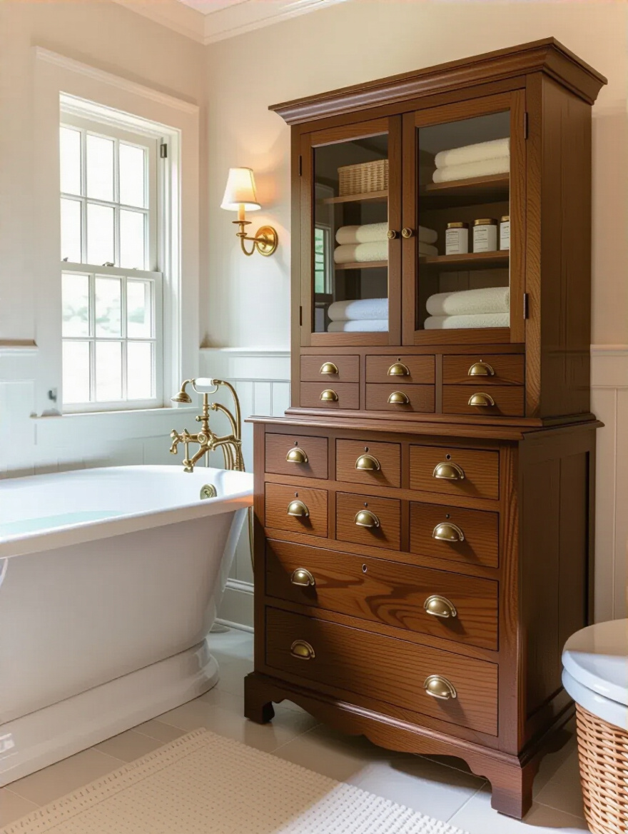 Traditional bathroom featuring a vintage oak apothecary cabinet next to a clawfoot tub, demonstrating decorative storage solutions for a clutter-free elegant space