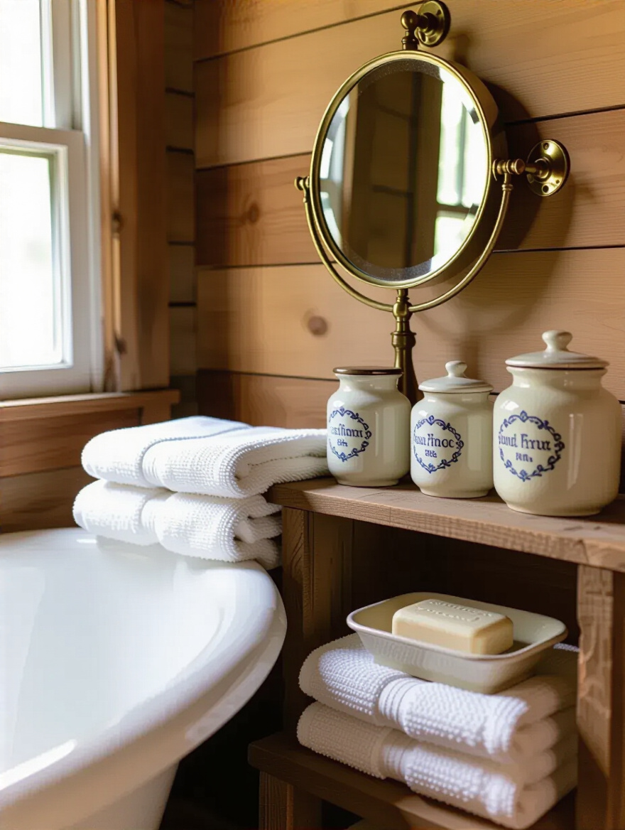 Colonial bathroom corner featuring vintage-inspired accessories like brass mirror, linen towels, and apothecary jars