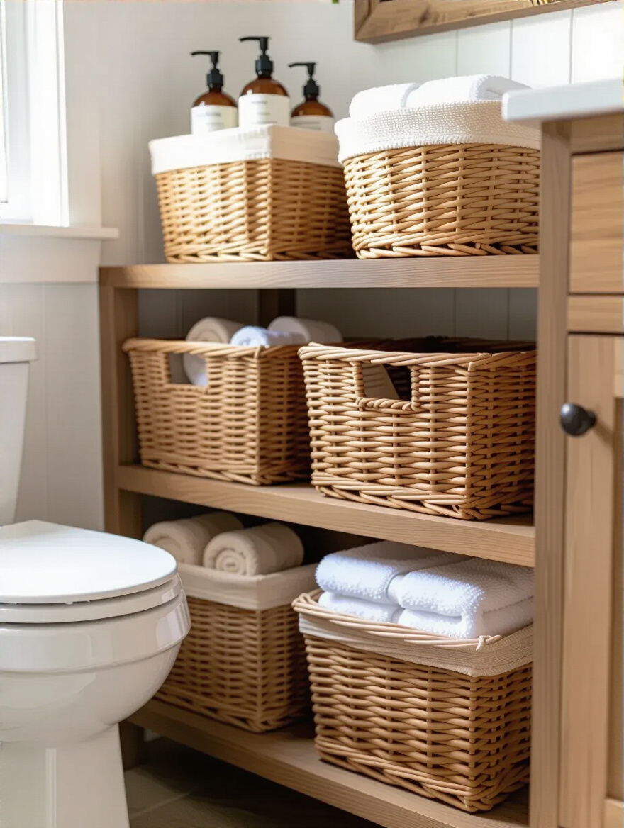 Country bathroom with woven baskets neatly storing toiletries and towels on wooden shelves