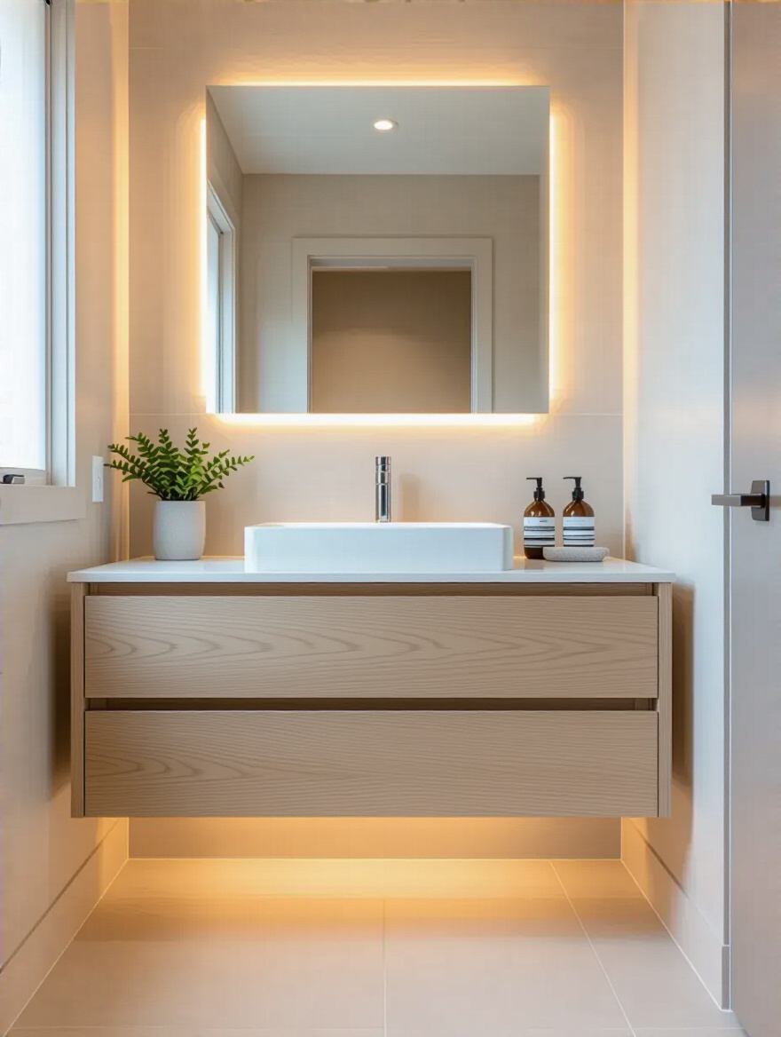 Modern small bathroom with white oak floating vanity and open floor space beneath, illuminated by warm LED lighting