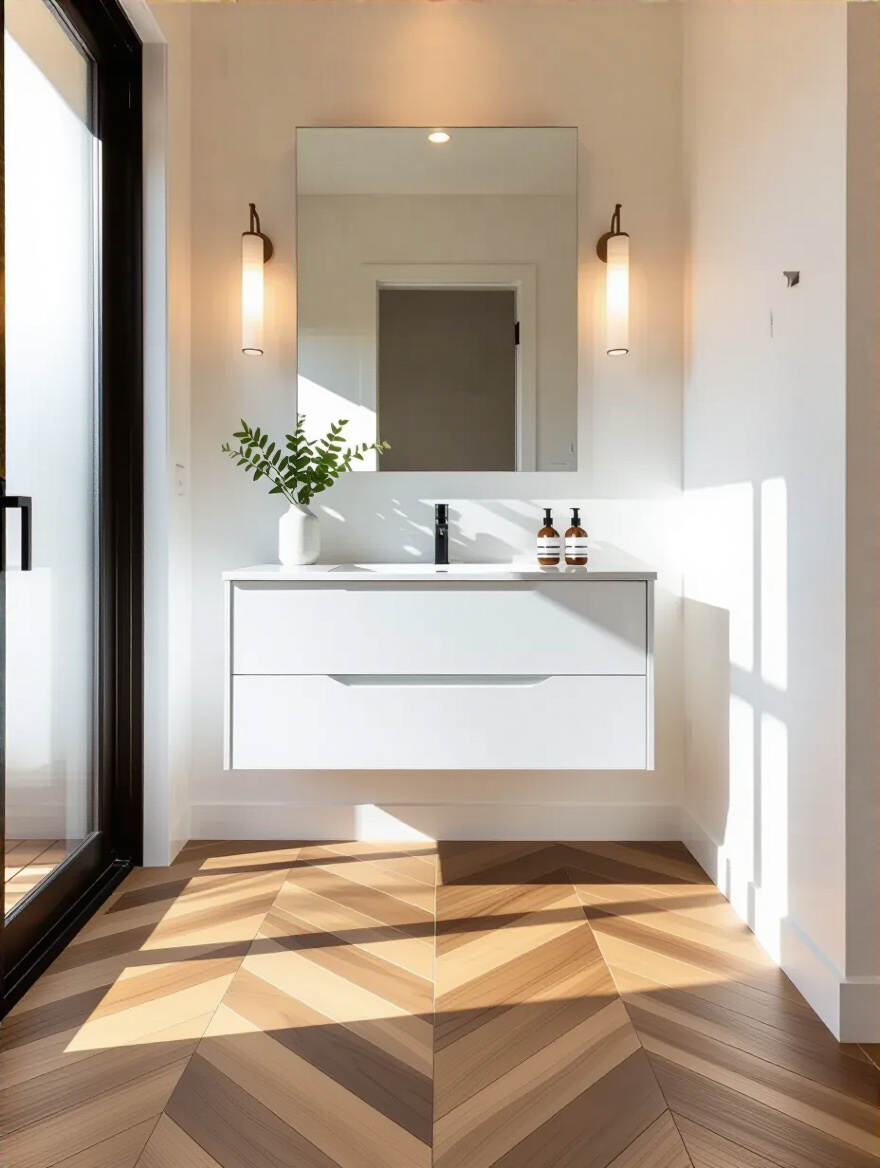 White bathroom vanity with warm wood-look herringbone flooring in a bright modern bathroom