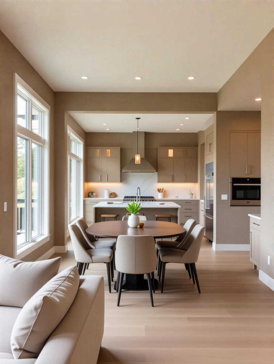 Modern open-concept dining room with taupe and greige walls showing seamless color integration with adjoining living room and kitchen