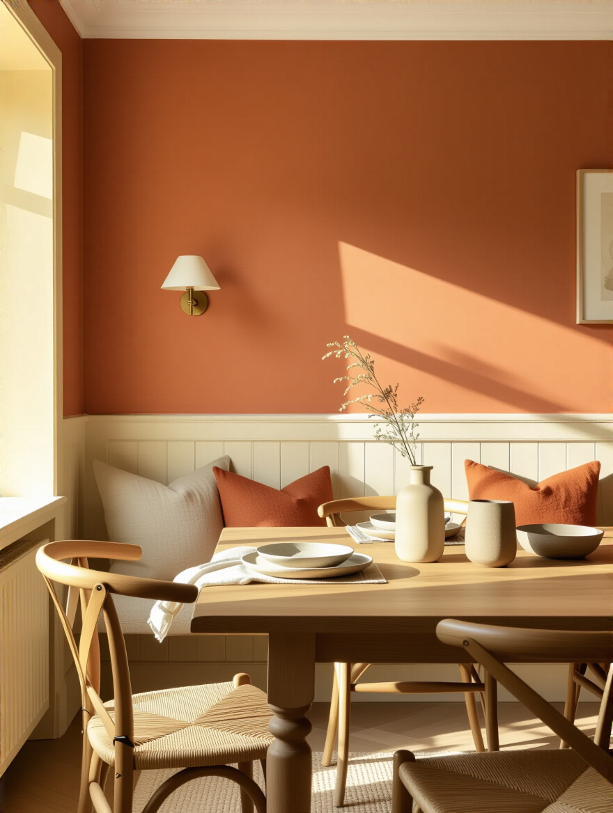 Cozy dining room with warm terracotta walls, cream trim, wooden furniture, and warm white lighting creating an inviting conversational atmosphere