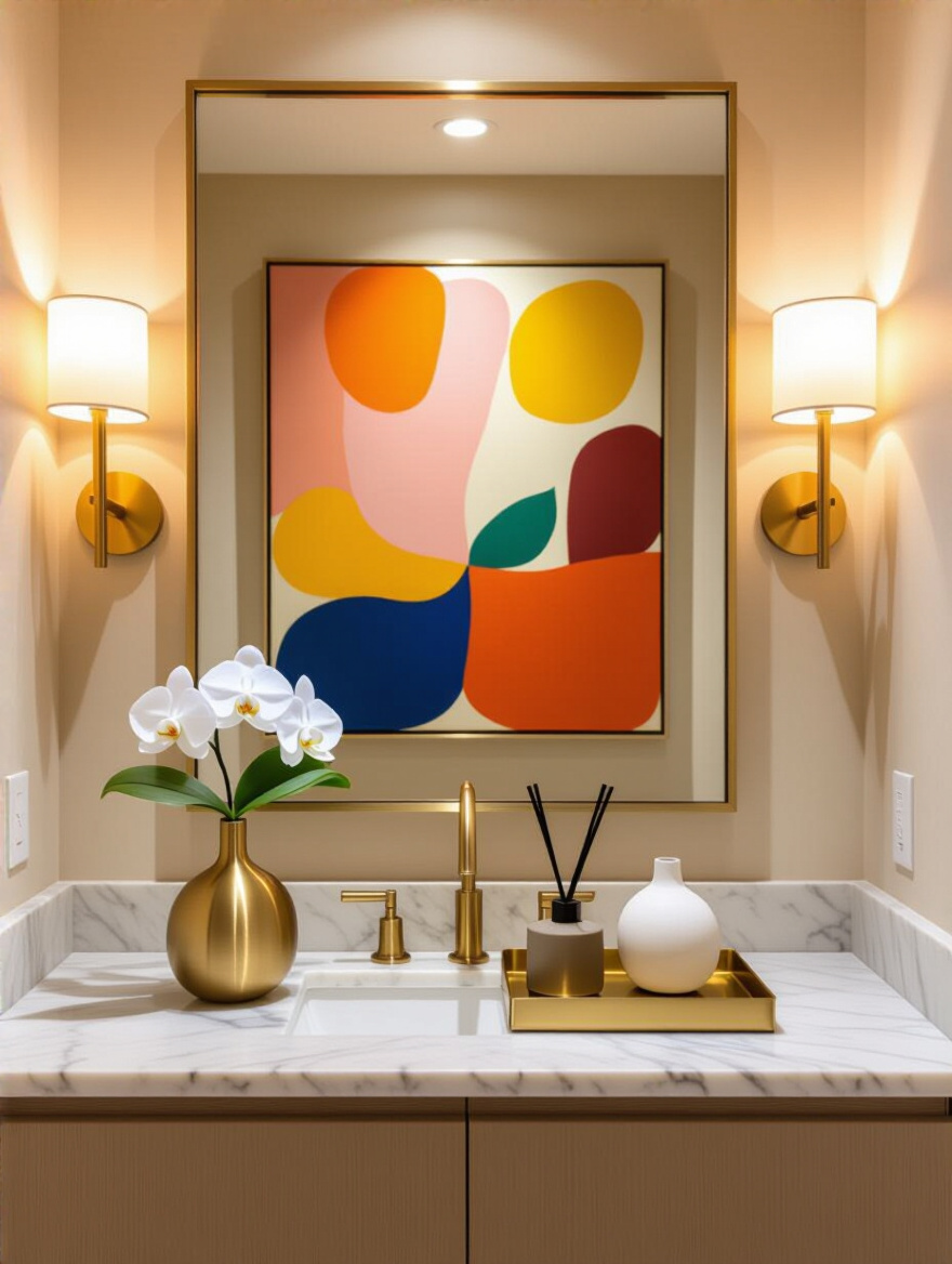 Portrait view of a powder room with curated art and decorative items on wall and vanity