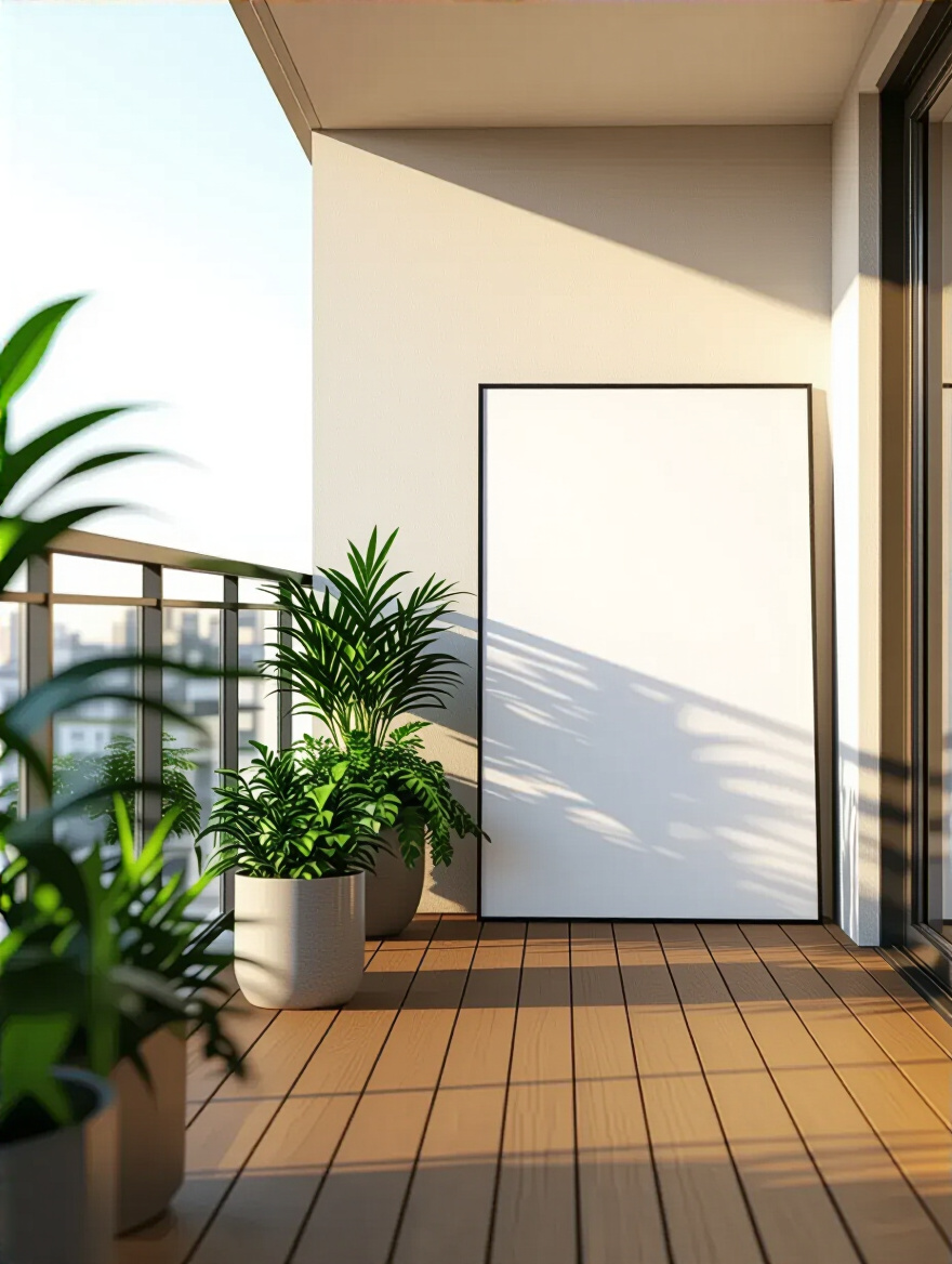 Portrait view of an empty balcony ready for layout planning with a subtle line diagram on a wall panel