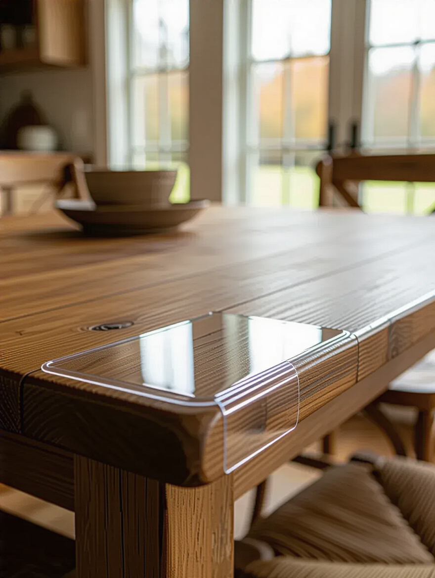 Farmhouse dining table with a clear child-safe corner guard and clear vinyl protector, ready for family-friendly use.