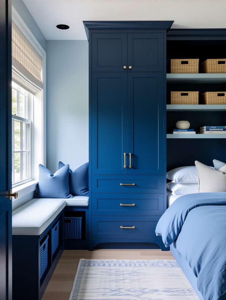 Serene blue bedroom with integrated blue storage solutions