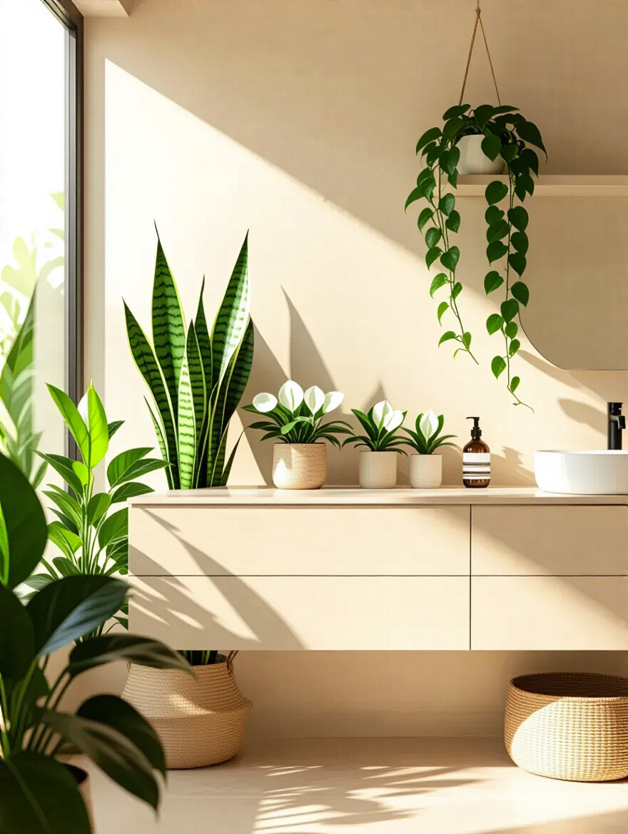 A serene beige bathroom featuring lush green plants like a snake plant, peace lilies, and pothos, softening the modern aesthetic. Natural light highlights the harmonious blend of beige and green, creating a tranquil sanctuary.