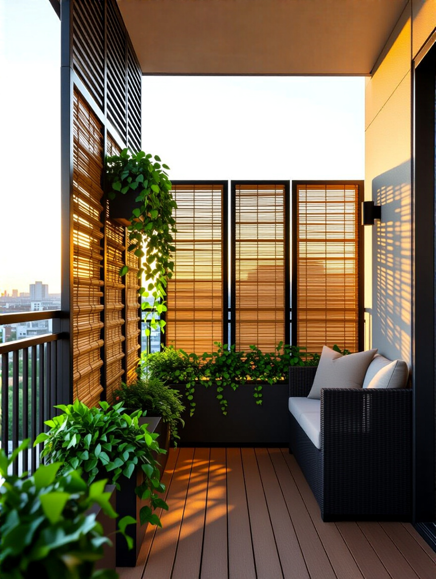 Balcony with privacy screens along railing and lush greenery