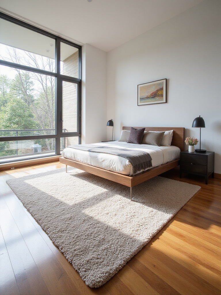 Modern bedroom with a large, neutral-colored area rug defining the sleeping zone beneath a platform bed, softening acoustics, and enhancing visual warmth on hardwood floors.