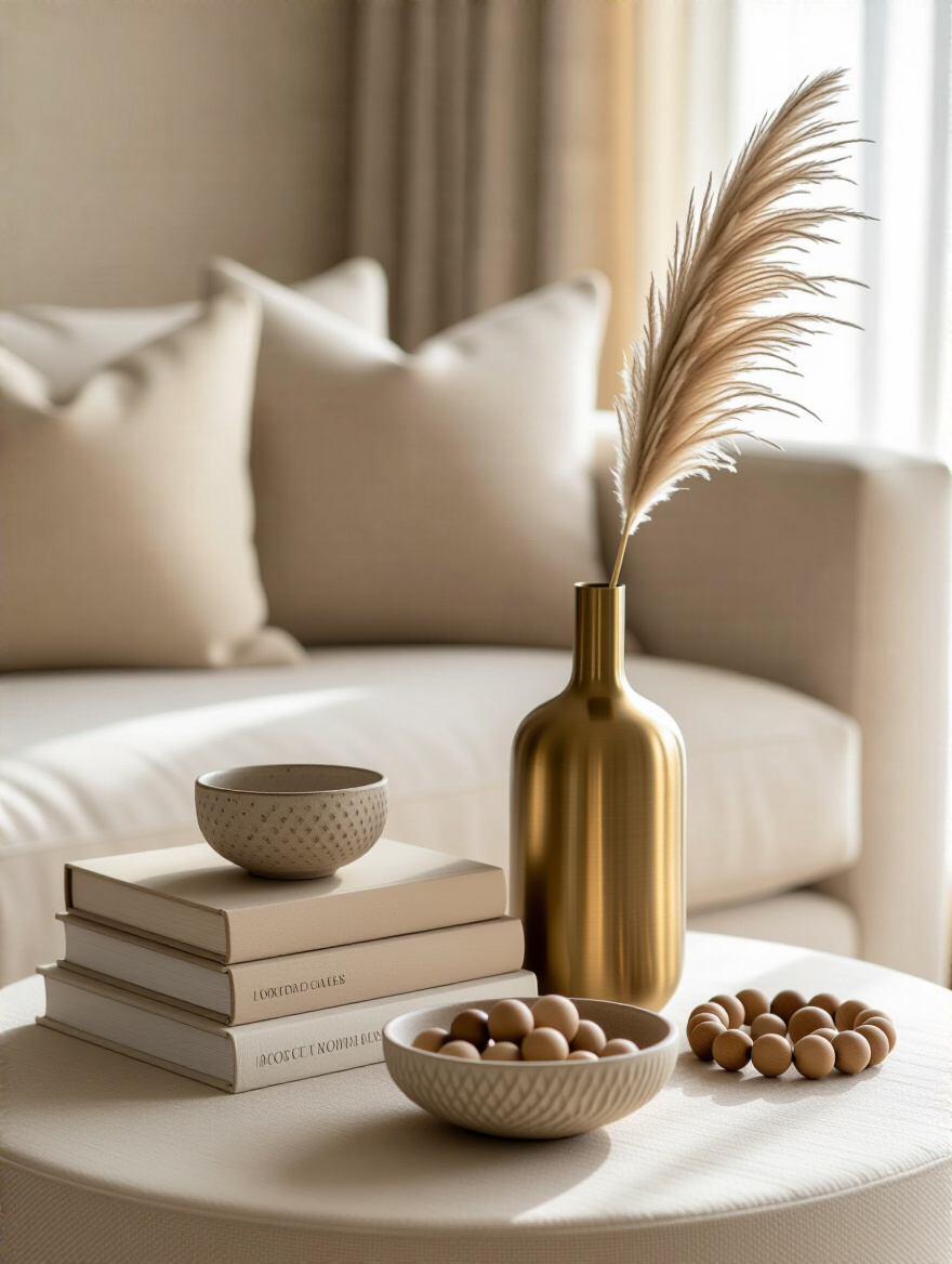 Cohesive vignette of stacked books, a textured ceramic bowl, and a tall brass vase with pampas grass on a beige living room side table, demonstrating thoughtful accessorizing.