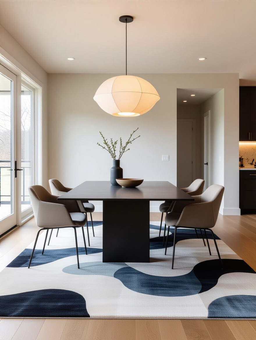 Abstract area rug anchors dining zone in modern dining room