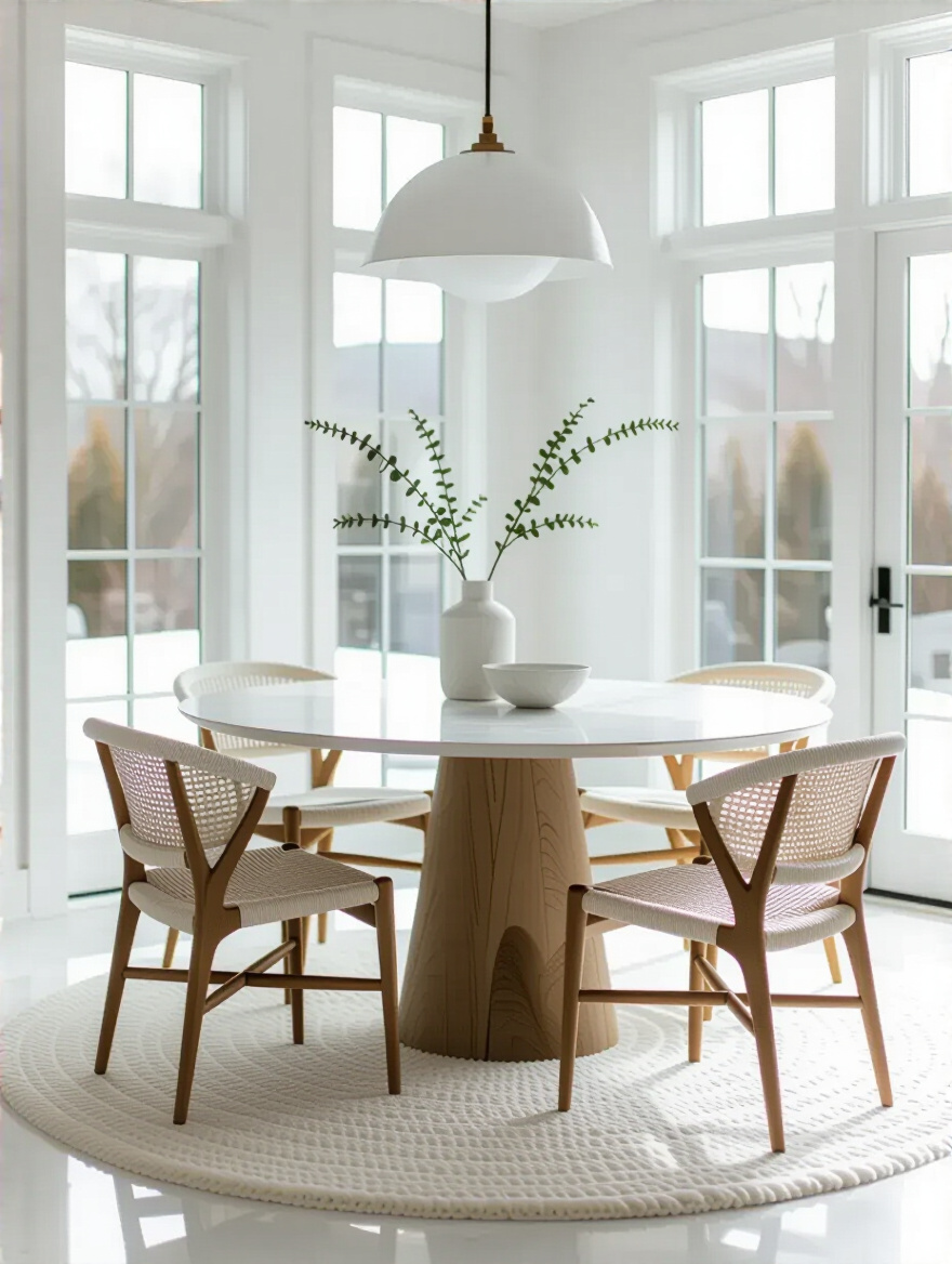 Elegant white dining room interior design with varied textures and soft lighting, representing common design mistakes being avoided.