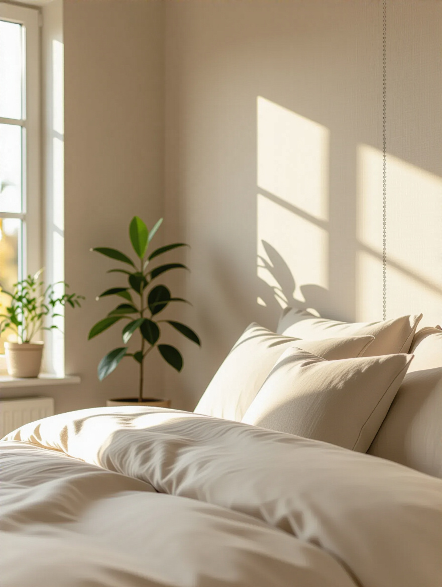 Portrait view of a serene bedroom showing a seamless seam repair on wallpaper