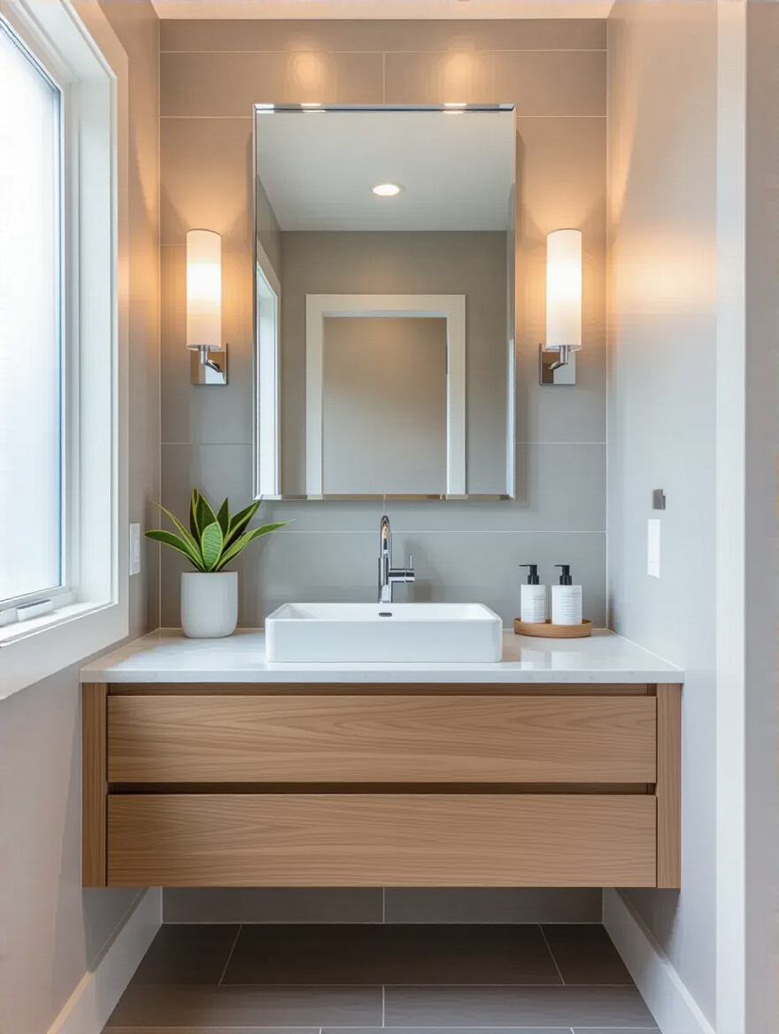 Portrait view of a pristine powder room vanity with clean lines and minimal clutter