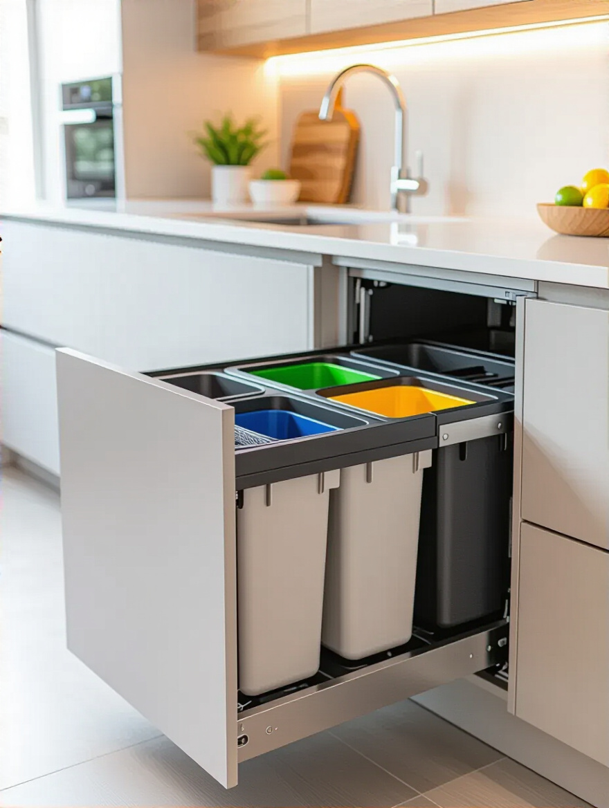 Modern kitchen with hidden pull-out integrated waste and recycling bins, sleek cabinetry, sustainable design, clutter-free kitchen.