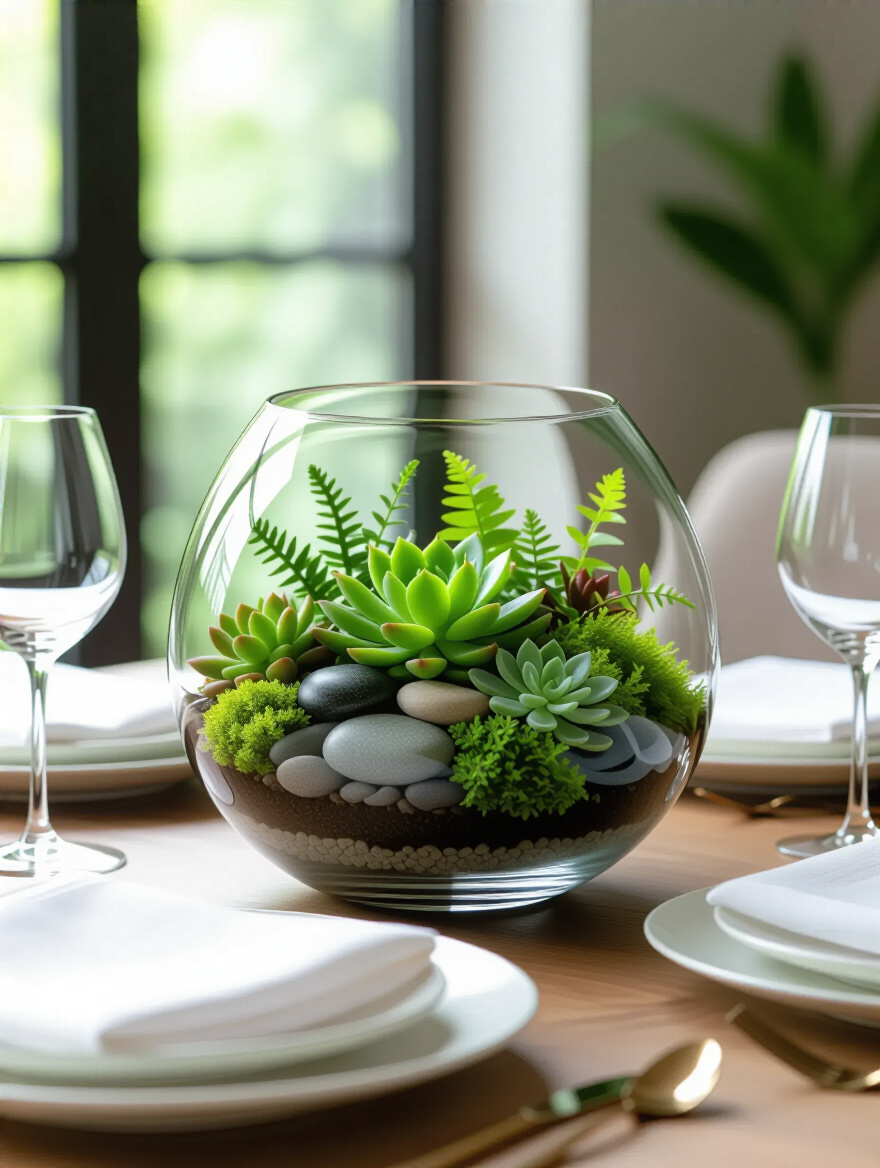 A stunning, low-profile green succulent terrarium sits as the central focal point on a modern dining table, surrounded by minimalist place settings under soft natural light.