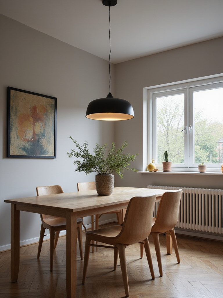 Modern dining room with a sleek pendant light aligning perfectly with Scandinavian interior design, showcasing cohesive home styling.