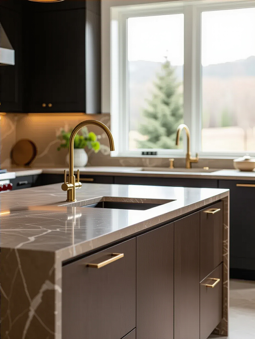 Modern luxury kitchen featuring durable natural stone countertops and custom cabinetry, representing wise budgeting for long-term value and high ROI in renovation.
