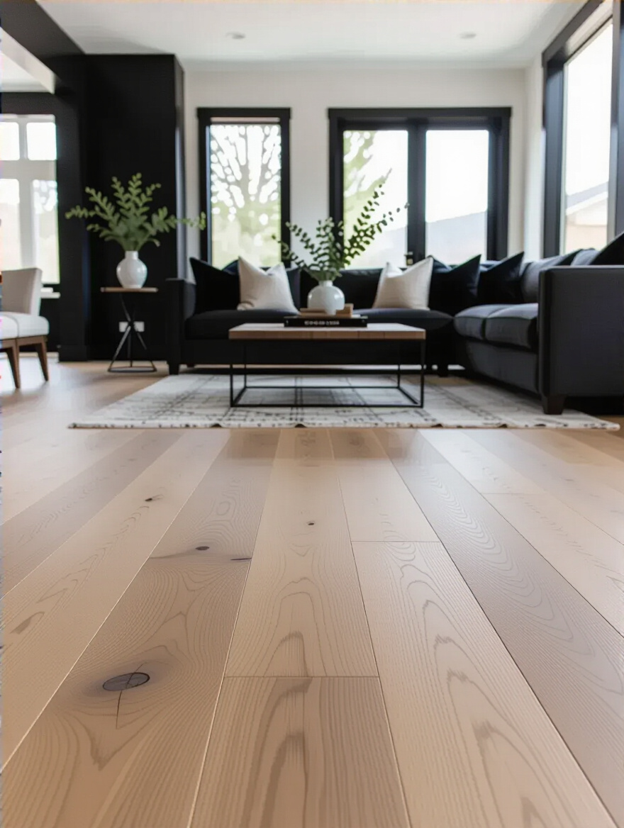 A chic black living room with light oak hardwood flooring, providing a warm contrast to dark walls and furniture.